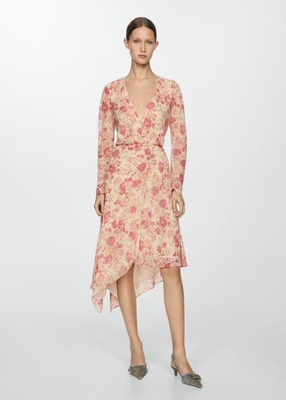 Shop Mango Floral Dress With Asymmetrical Hem Ecru