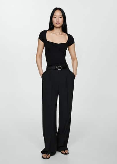 Mango Draped Neckline T-shirt Black In Noir