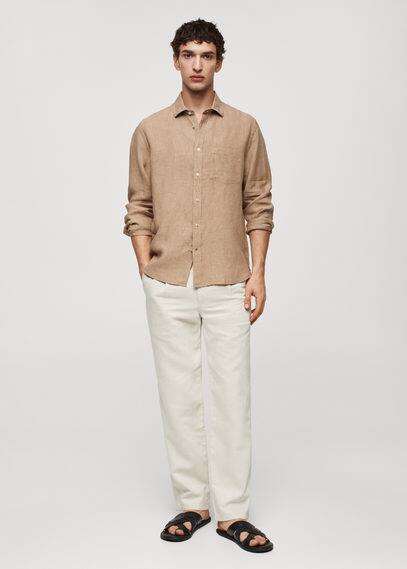 Mango Classic Fit 100% Linen Shirt Beige