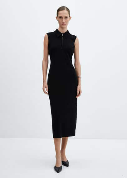 Shop Mango Zipper Neck Dress Black In Noir