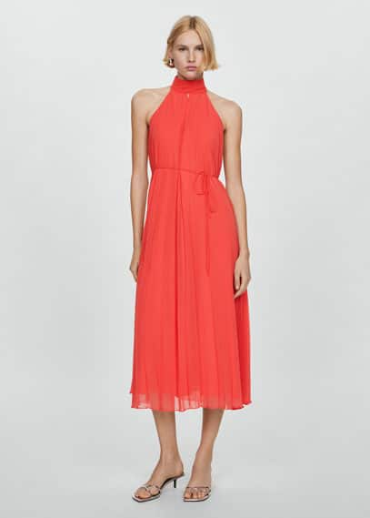 Shop Mango Pleated Halter Neck Dress Coral Red