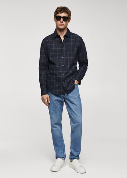 Shop Mango Check Flannel Cotton Shirt Navy In Bleu Marine