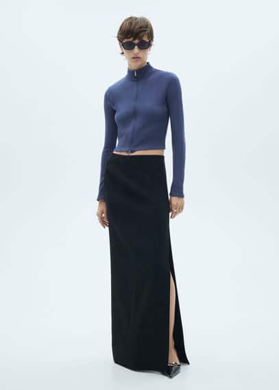 Mango Loreto Front Zip Crop Rib Jacket In Blue