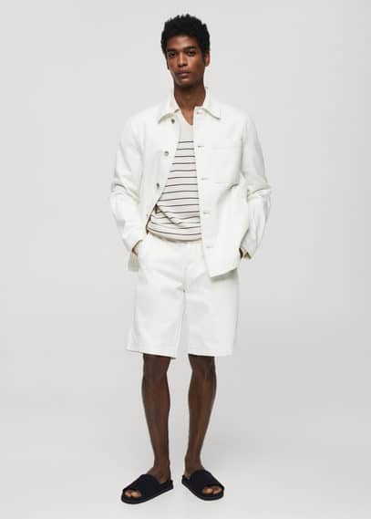 Shop Mango 100% Cotton Overshirt With Pocket Off White