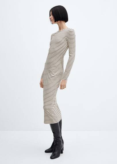 Shop Mango Striped Ribbed Dress Beige