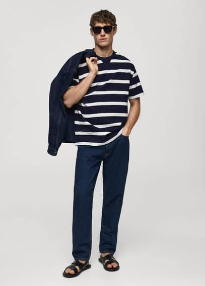 Shop Mango Man 100% Cotton Striped Print T-shirt Dark Navy