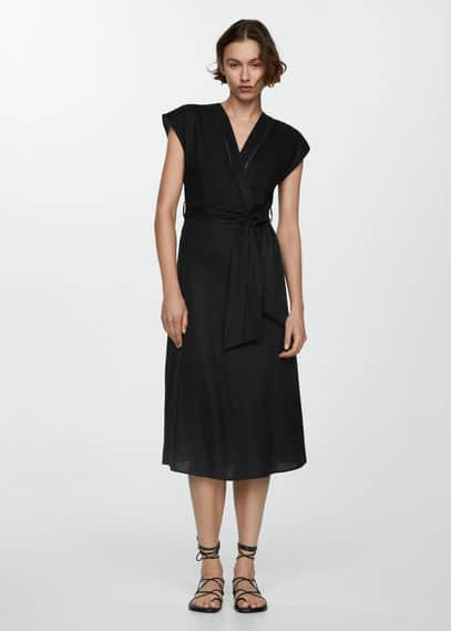 Shop Mango 100% Linen Bow Dress Black