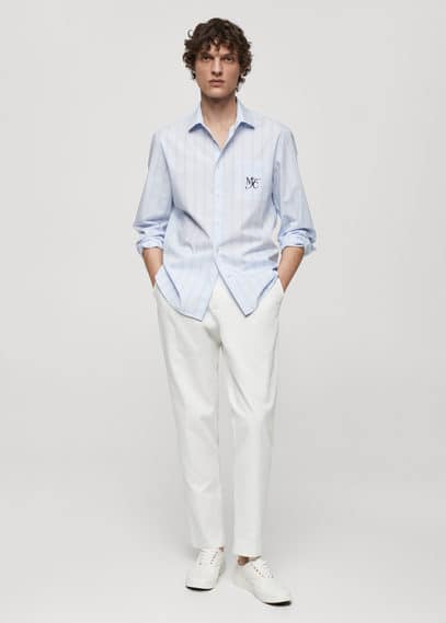 Shop Mango Classic-fit Cotton Striped Embroidered Shirt White In Blanc