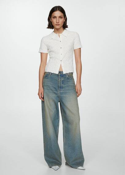 Mango Textured Cotton T-shirt Vanilla In Vanille