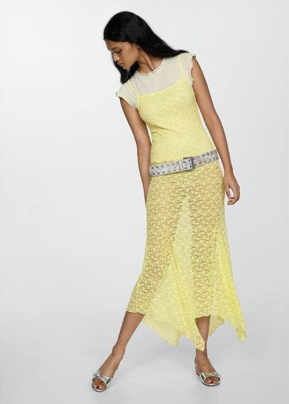 Shop Mango Floral Lace Dress With Asymmetrical Hem Pastel Yellow