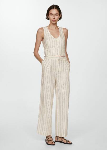 Mango Striped Linen-blend Trousers Ecru