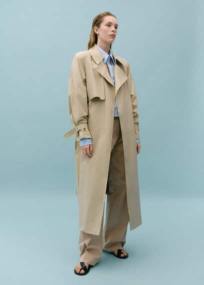 Shop Mango 100% Cotton Long Trench Coat Beige