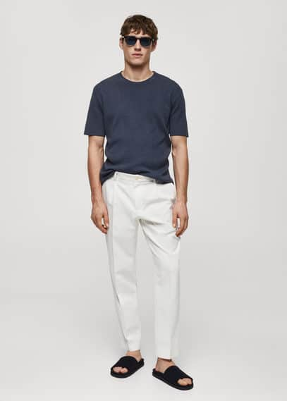 Mango Slim Fit Trousers With Pleated Texture Off White In Blanc Cassé