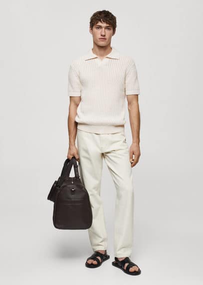 Mango Openwork Knit Cotton Polo Off White In Blanc Cassé