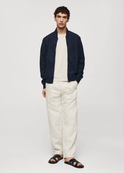 Shop Mango Man Linen Lyocell Bomber Jacket Dark Navy