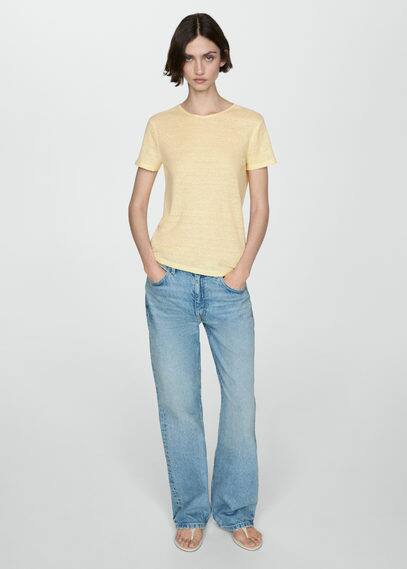 Shop Mango Short-sleeved Linen T-shirt Pastel Yellow In Jaune Pastel