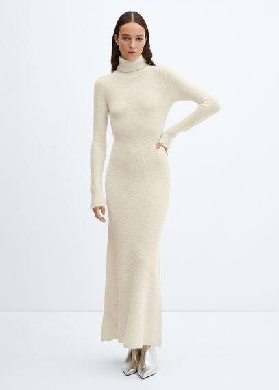 Mango Knitted Turtleneck Dress Ecru