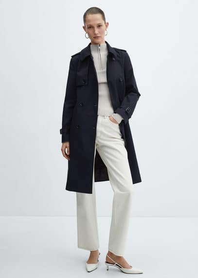 Mango Trench Classique Ceinture In Bleu Marine Foncé