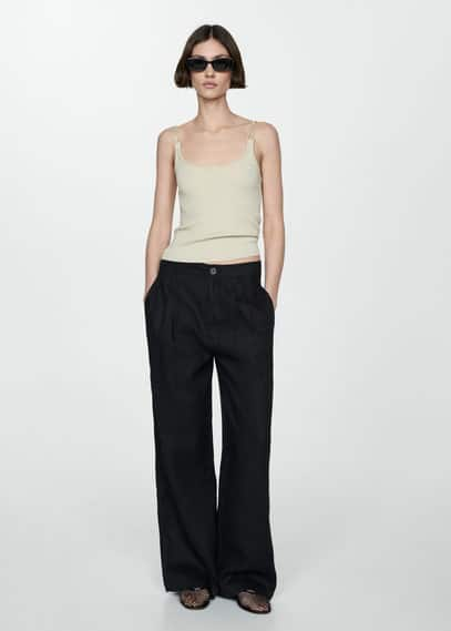 Shop Mango 100% Linen Wideleg Trousers Black In Noir