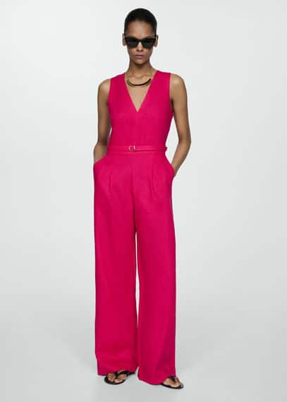 Shop Mango Belt Linen Jumpsuit Fuchsia