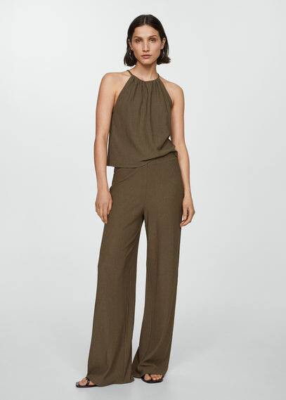 Mango Textured Wideleg Trousers Khaki