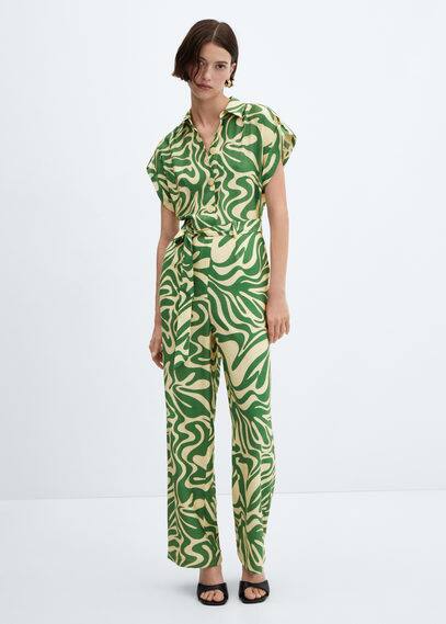 Shop Mango Printed Shirt Jumpsuit Green