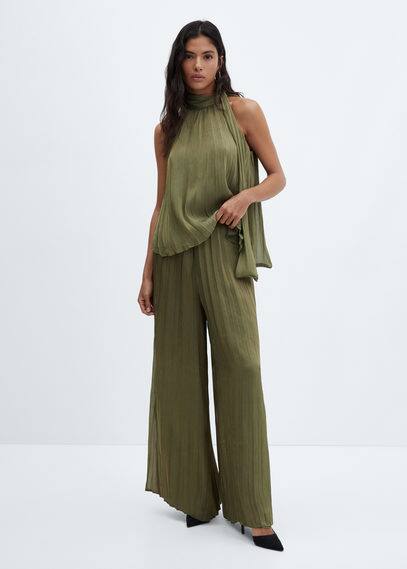 Mango Pleated Wideleg Trousers Khaki