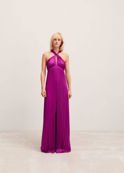 Mango Halter Neckline Pleated Dress Violet