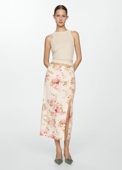 Shop Mango Linen Skirt With Slit Ecru In Écru