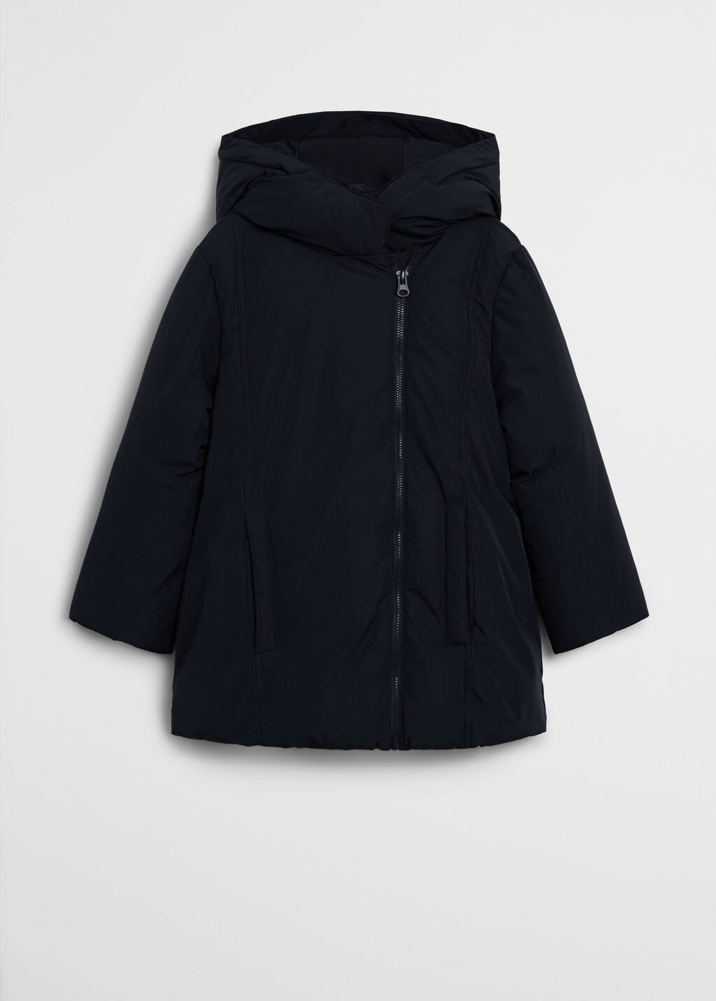 Mango Faux fur hood quilted coat. a black coat is shown with a hood up. 