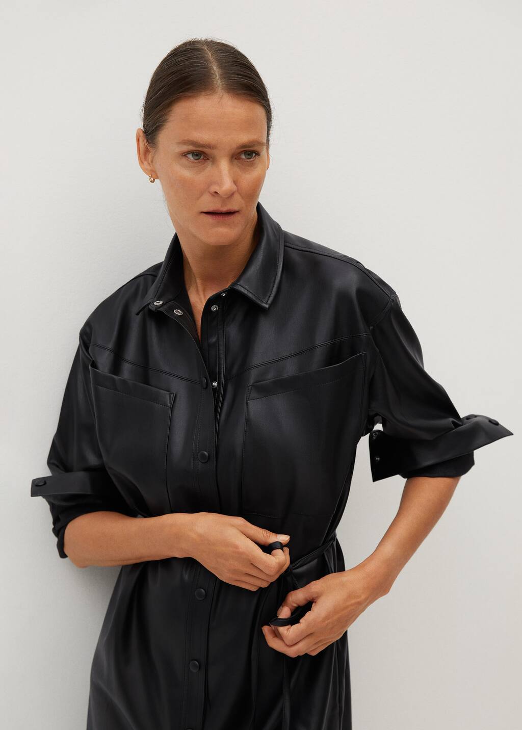 faux leather shirt dress