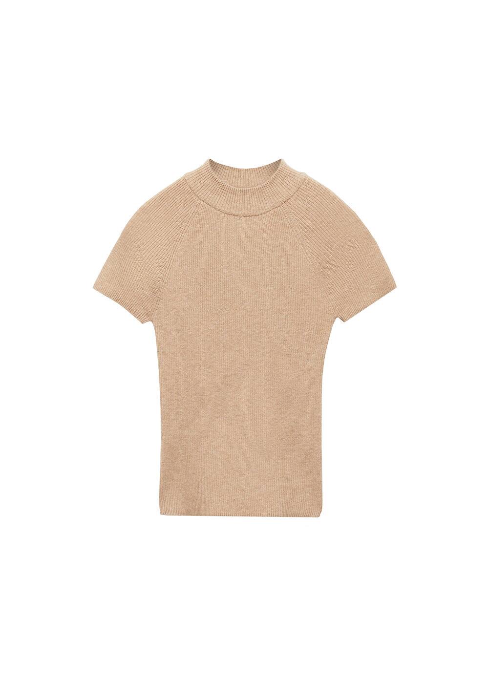 Mango Ribbed T-shirt With Perkins Neck In Gris Clair/pastel