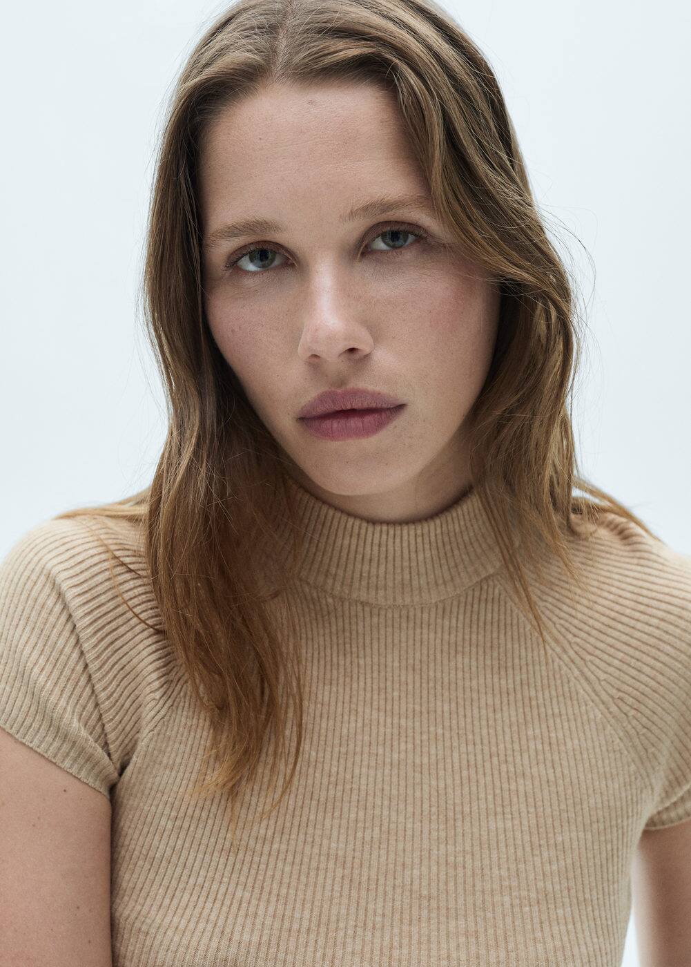 Mango Ribbed T-shirt With Perkins Neck In Gris Clair/pastel