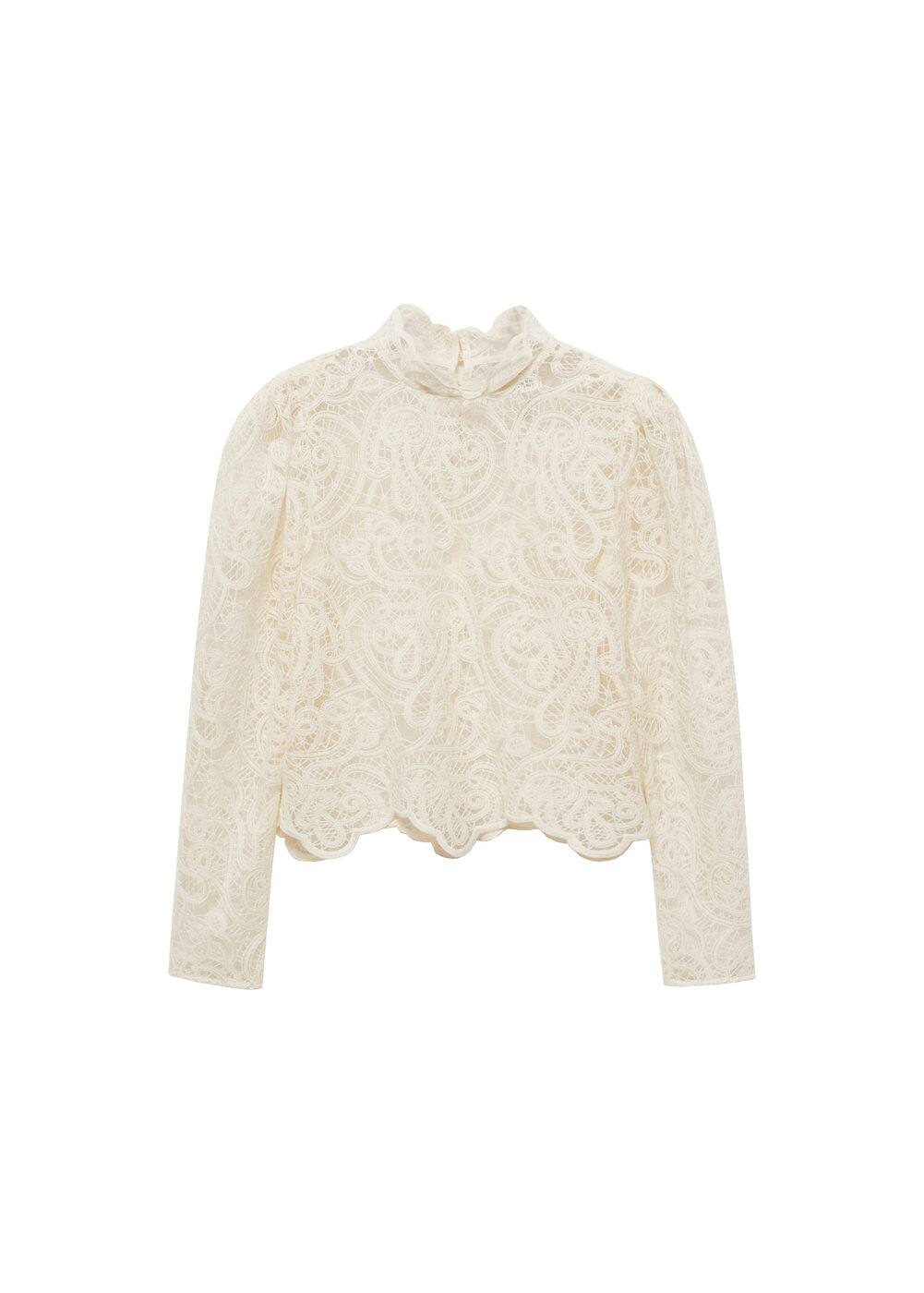 Mango Blouse Dentelle Coton Col Montant In Écru