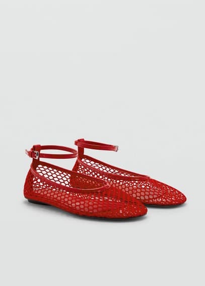 Mango Mesh Ballerinas With Buckle Strap Red In Red