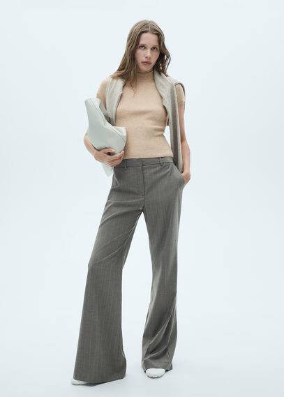 Mango Ribbed T-shirt With Perkins Neck In Gris Clair/pastel