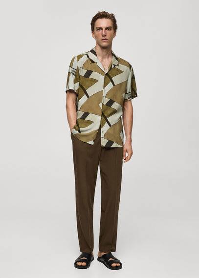Mango Man Printed Flowing Shirt With Bowling Collar Dark Green In Dark Green