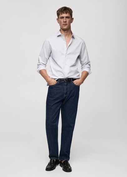 Mango Man Slim Fit Striped Cotton Shirt White In White