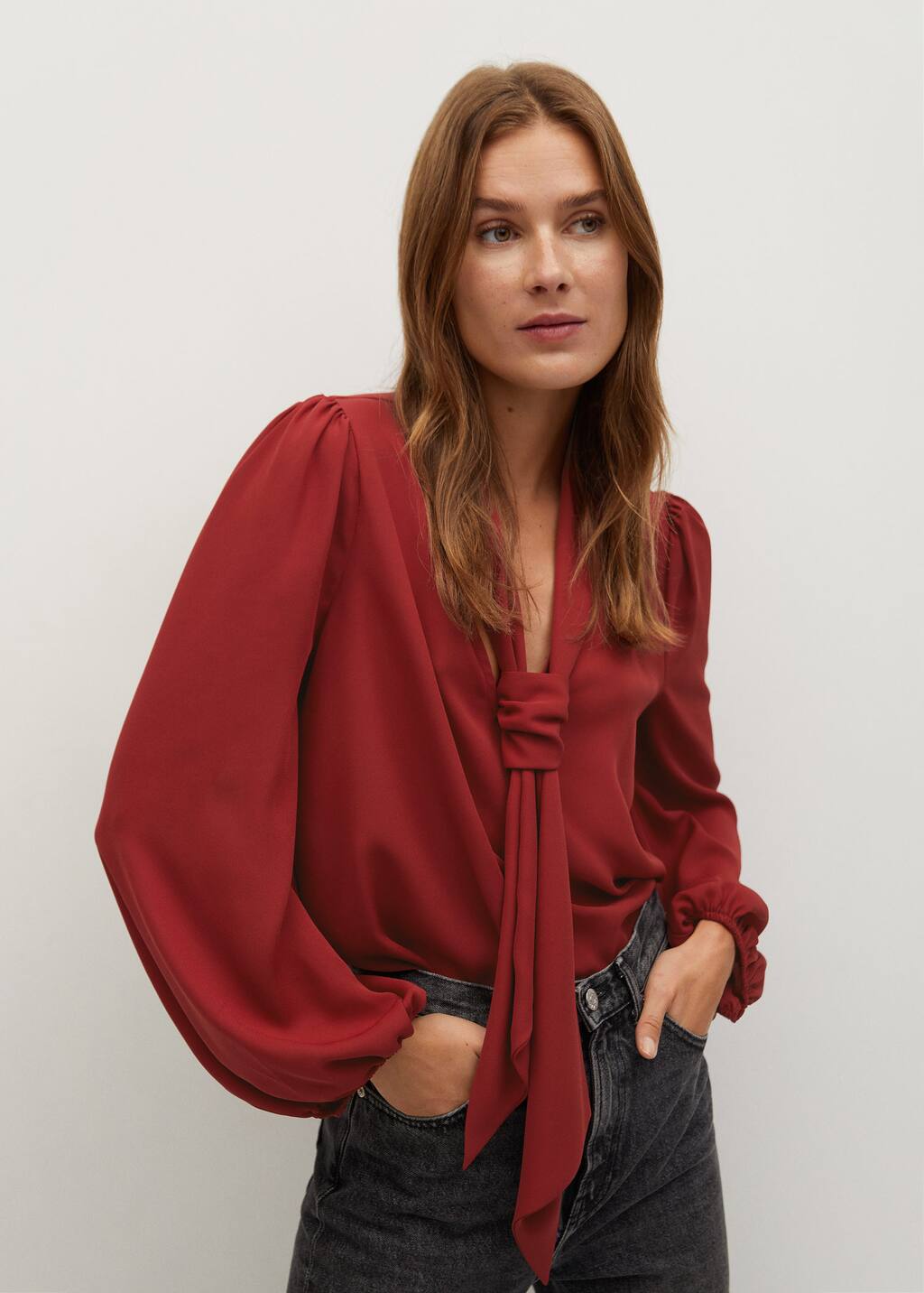 red flowy blouse