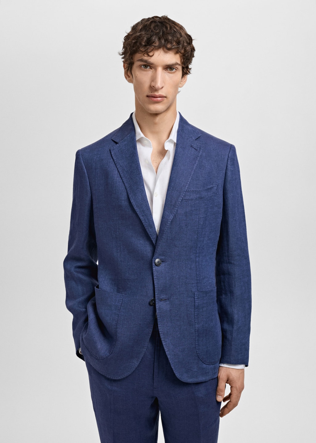 MANGO MAN - Marynarka garniturowa Salerno 100% len slim fit niebieski indygo - 52 - Mężczyzna
