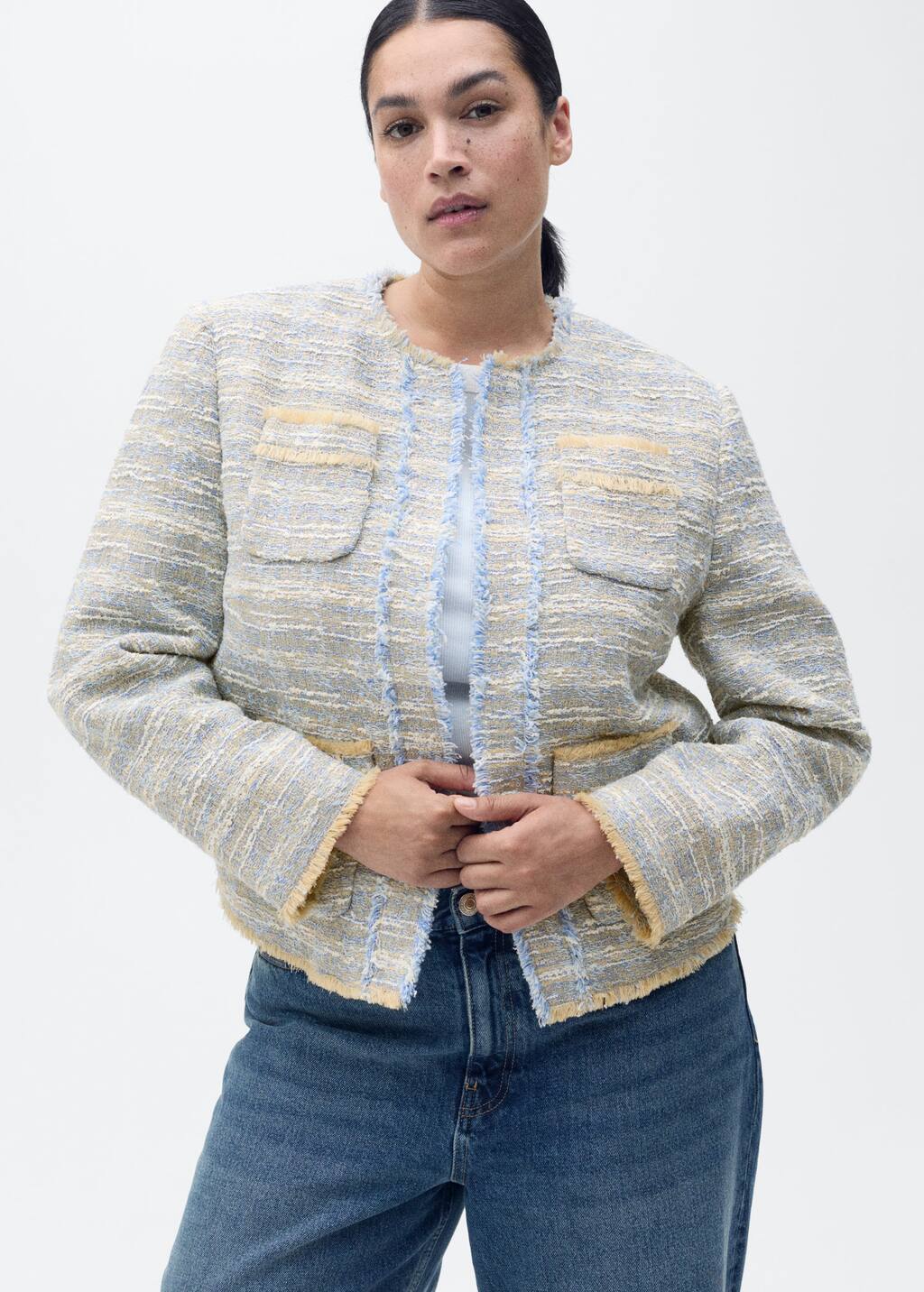 Tweed jacket with frayed ends