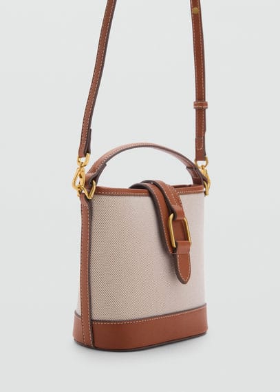 Mango Contrasting Canvas Bucket Bag Leather In Leather