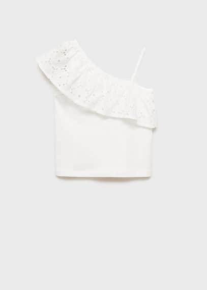 Mango Ruffled Asymmetric T-shirt Off White In Off White