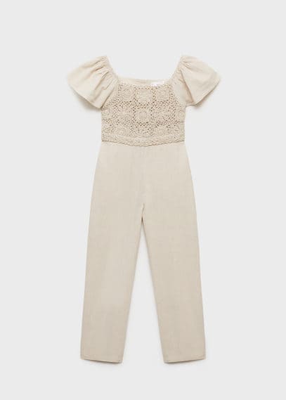 Mango Jumpsuit With Crochet Detail In Light/pastel Grey