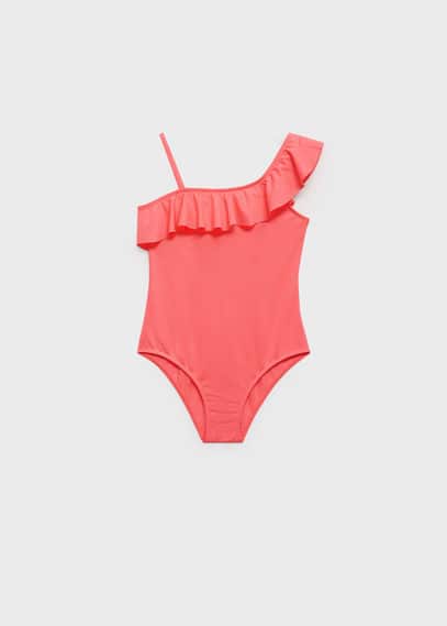 Mango Asymmetric Ruffle Swimsuit Neon Orange In Neon Orange