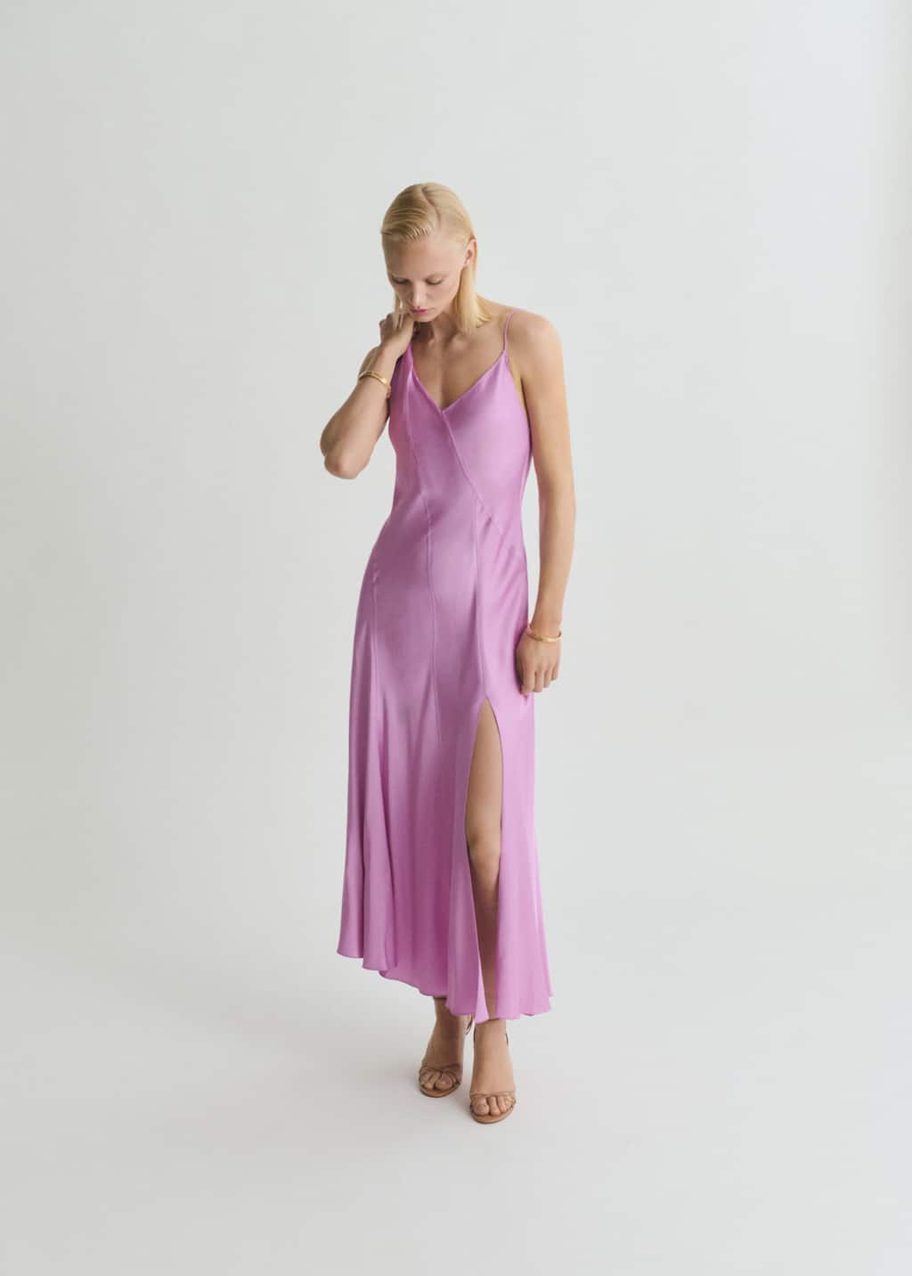 Mango One Shoulder Satin Midi Dress With Side Split In Pink