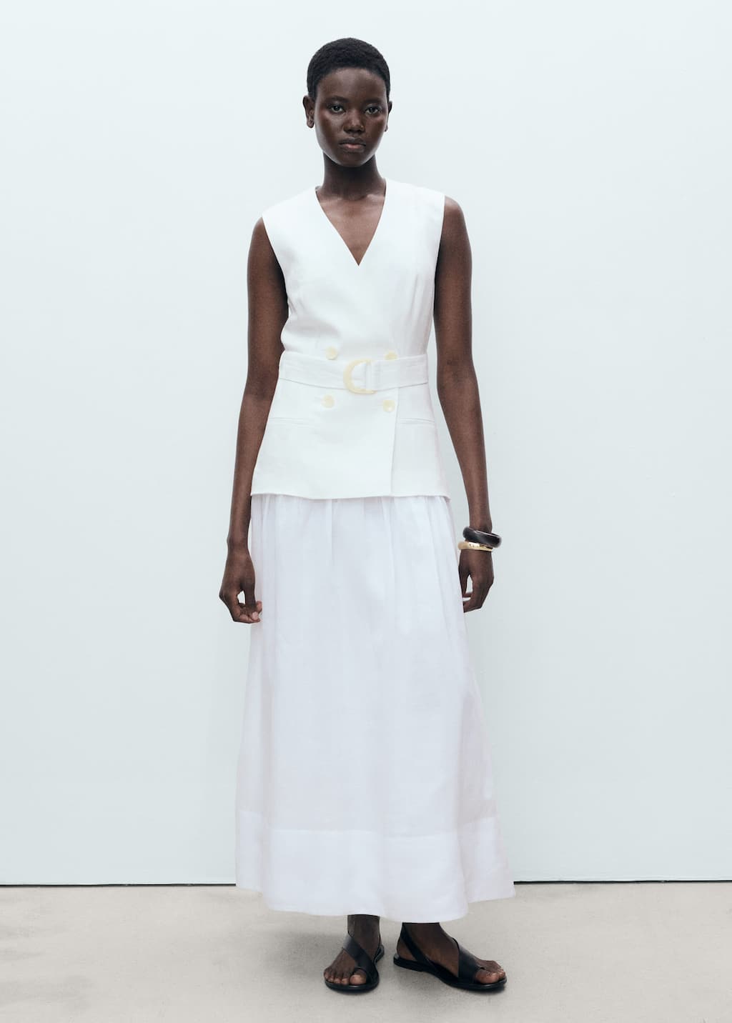 Mango Mariona Sleeveless Belted Linen Maxi Dress In White