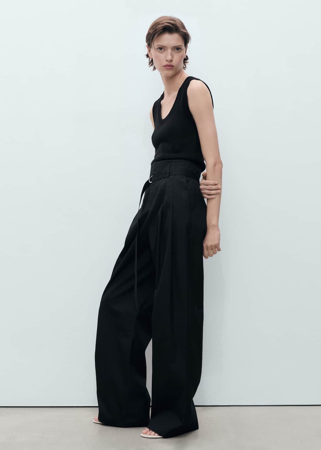 Wideleg cotton trousers with belt black - Woman - 4 - MANGO