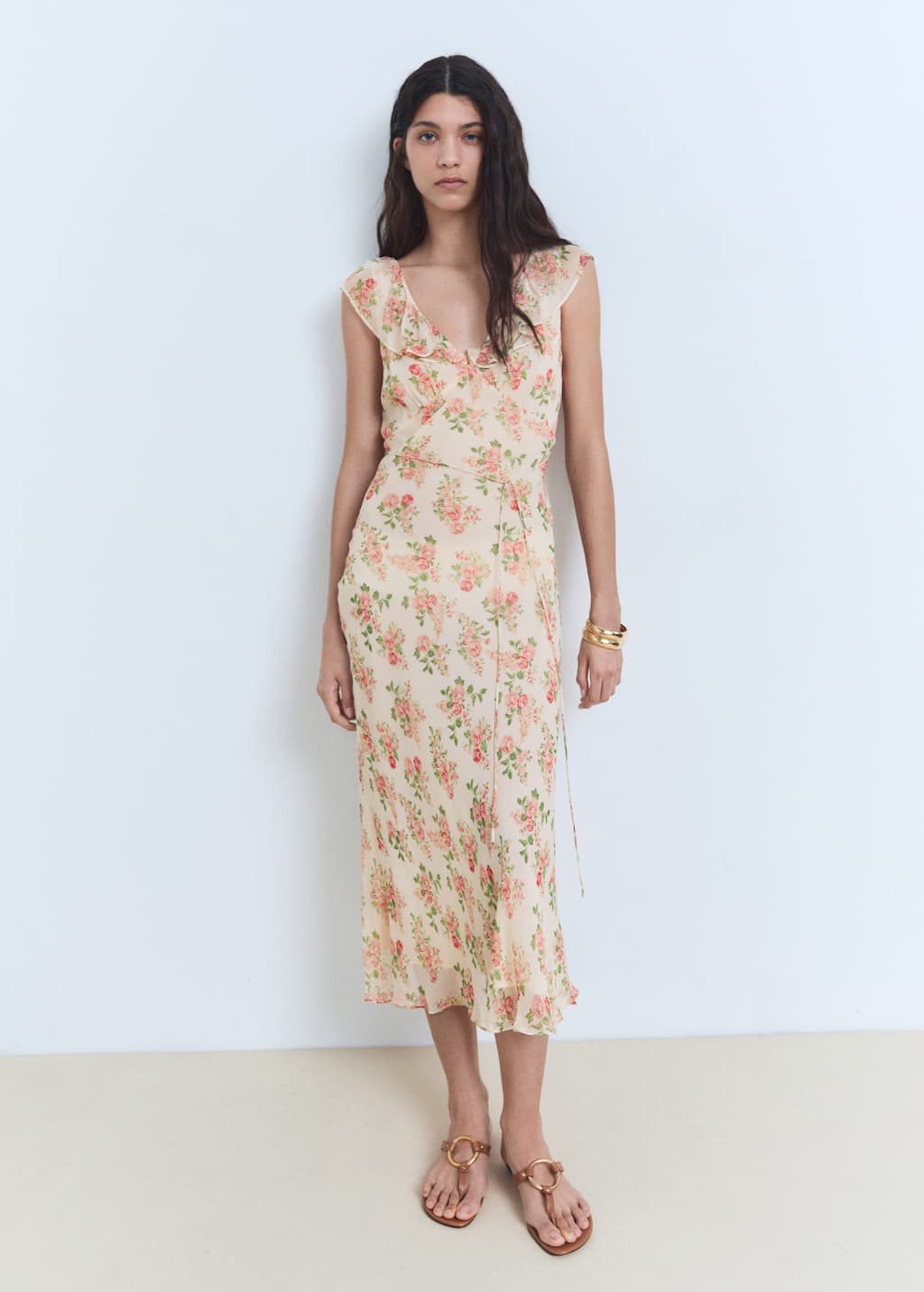Mango Floral Midi-dress With Bow Ecru