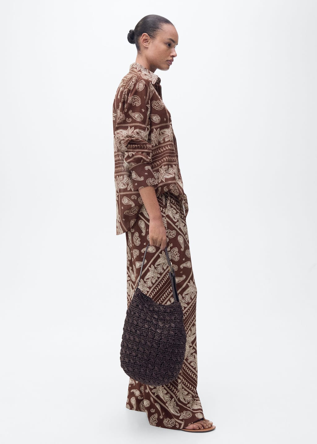 Mango Paisley Wideleg Pants Brown In Brown